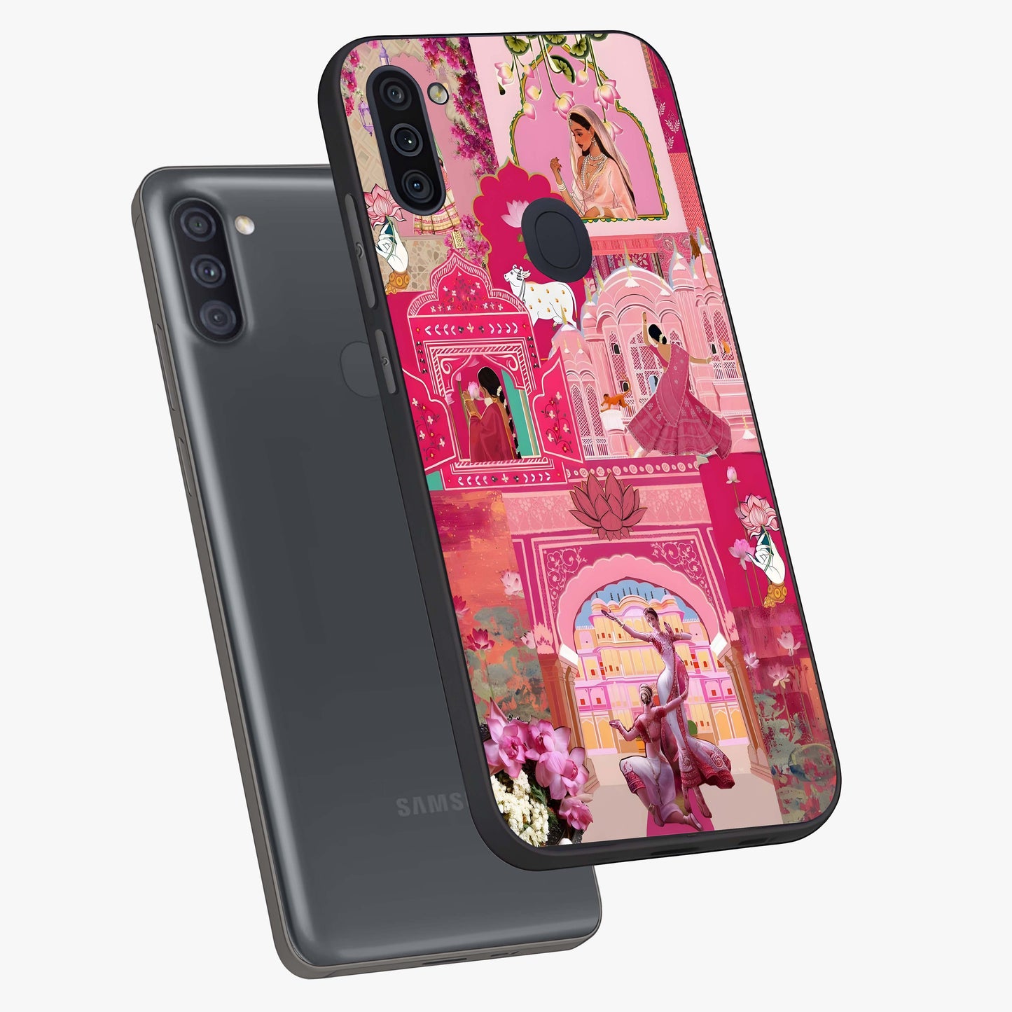Blossoms of Rajasthan Glass Case displayed in angled mockup highlighting vibrant floral pattern with cultural aesthetic style.