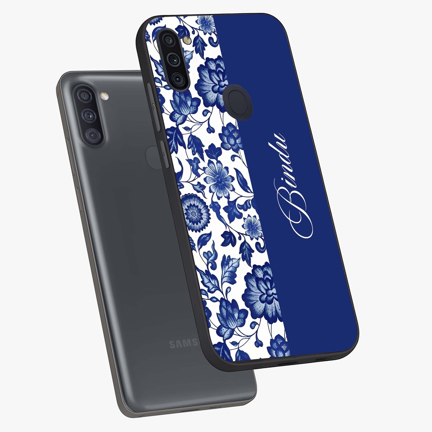 Blue Vintage Floral Pattern Glass Case displayed in angled mockup highlighting subtle bloom pattern with aesthetic pastel design.