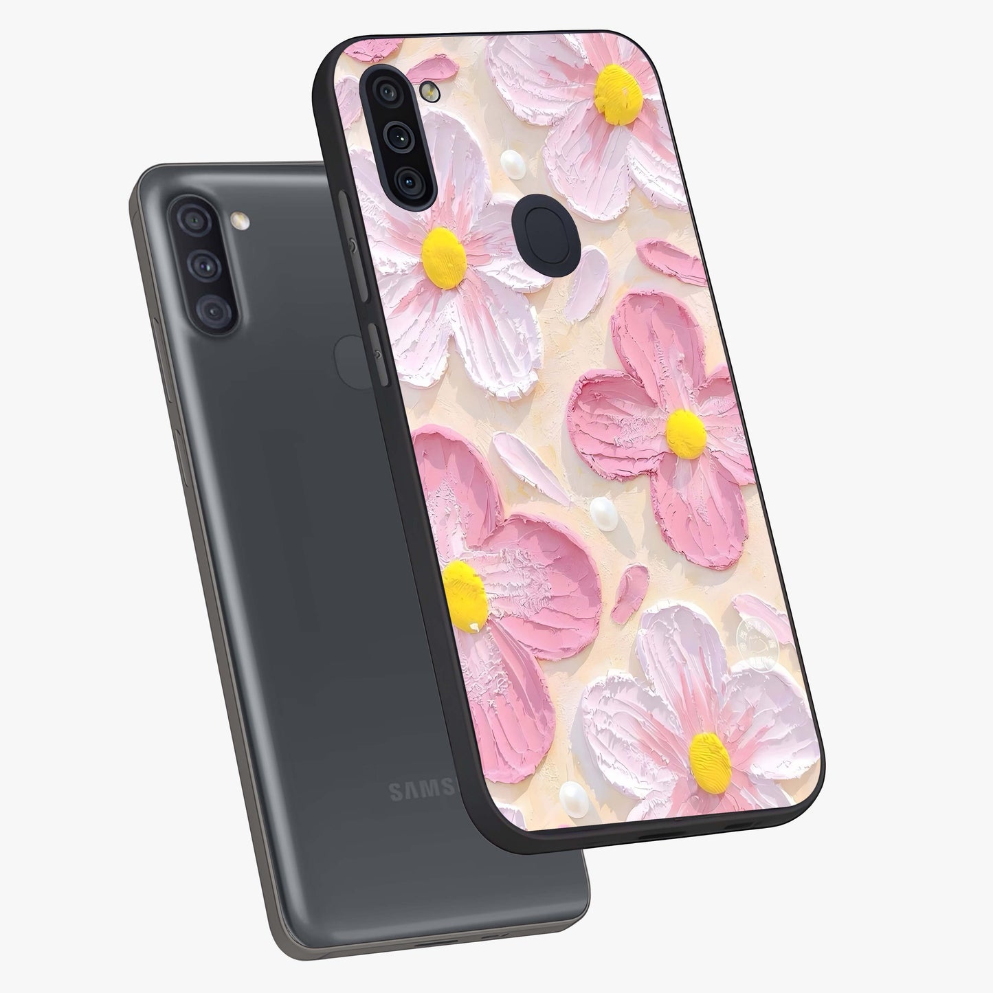 Blush Bloom Texture Glass Case displayed in angled mockup highlighting subtle bloom pattern with aesthetic pastel design.
