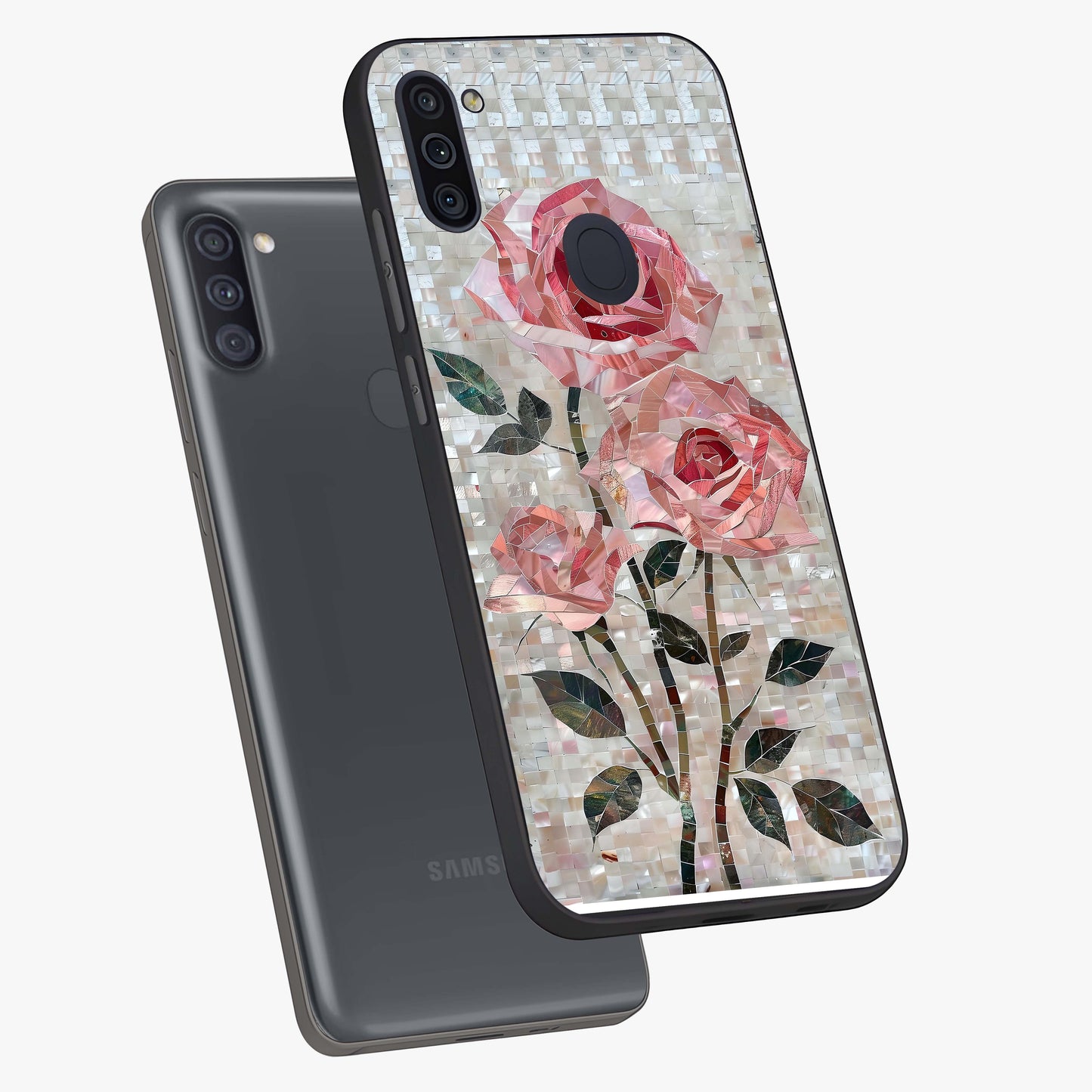Blush Mosaic Bloom Glass Case displayed in angled mockup highlighting artistic mosaic flower pattern with aesthetic design.