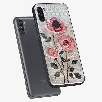 Blush Mosaic Bloom Glass Case displayed in angled mockup highlighting artistic mosaic flower pattern with aesthetic design.
