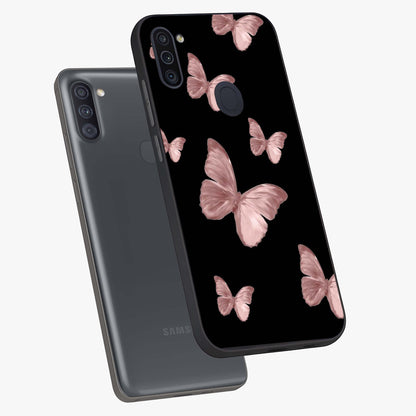 Butterfly Pattern Glass Case displayed in angled mockup highlighting delicate butterfly design and aesthetic pattern style.