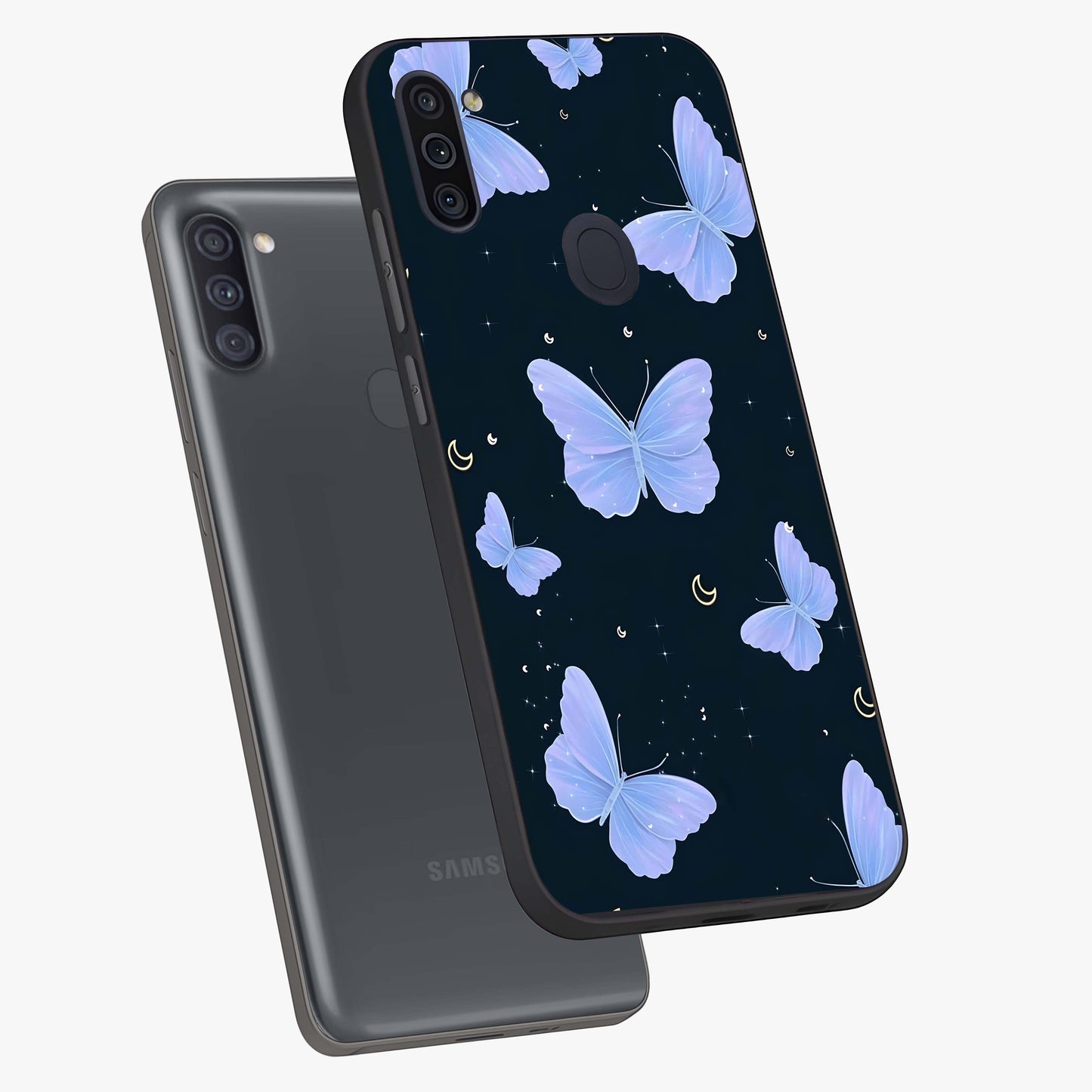Butterfly With Stars Pattern Glass Case displayed in angled mockup highlighting dreamy butterfly and star design with aesthetic theme.