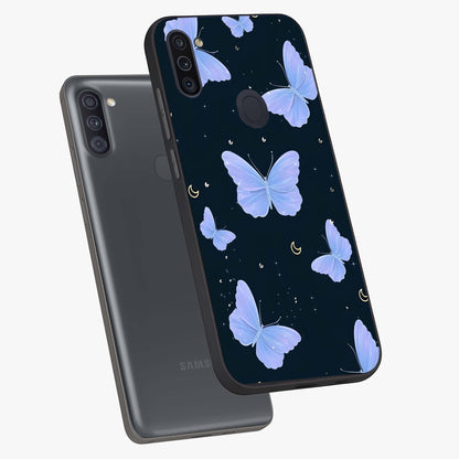 Butterfly With Stars Pattern Glass Case displayed in angled mockup highlighting dreamy butterfly and star design with aesthetic theme.
