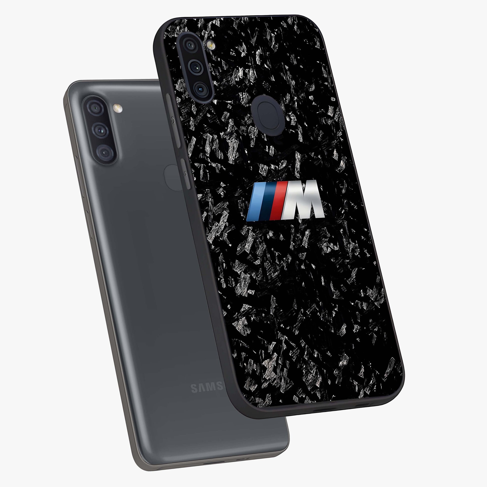 Carbon Speed Mark Glass Case displayed in angled mockup highlighting racing inspired carbon design and sleek aesthetic style.
