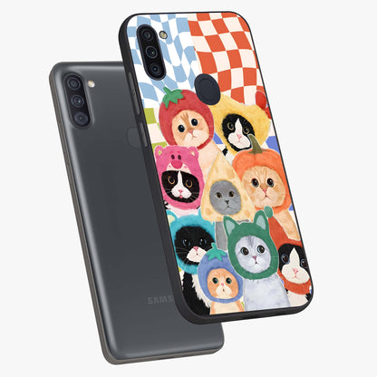Cats in Fruits Glass Case displayed in angled mockup highlighting cute feline fruit design with colorful aesthetic style.