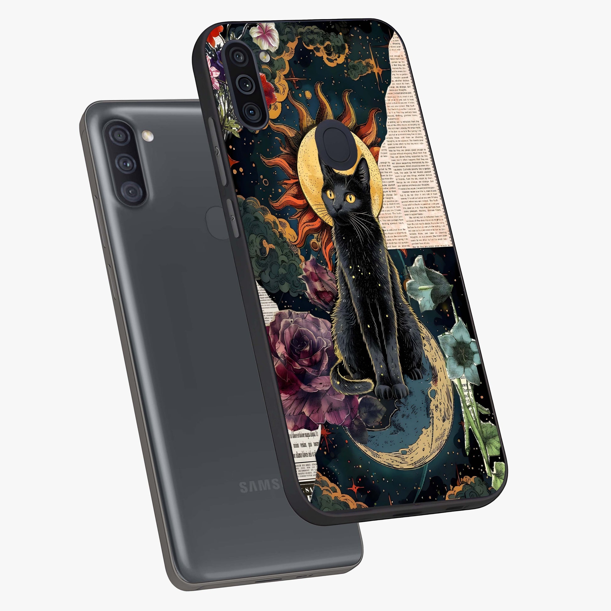 Celestial Black Cat Glass Case displayed in angled mockup highlighting cosmic black cat design with celestial aesthetic.
