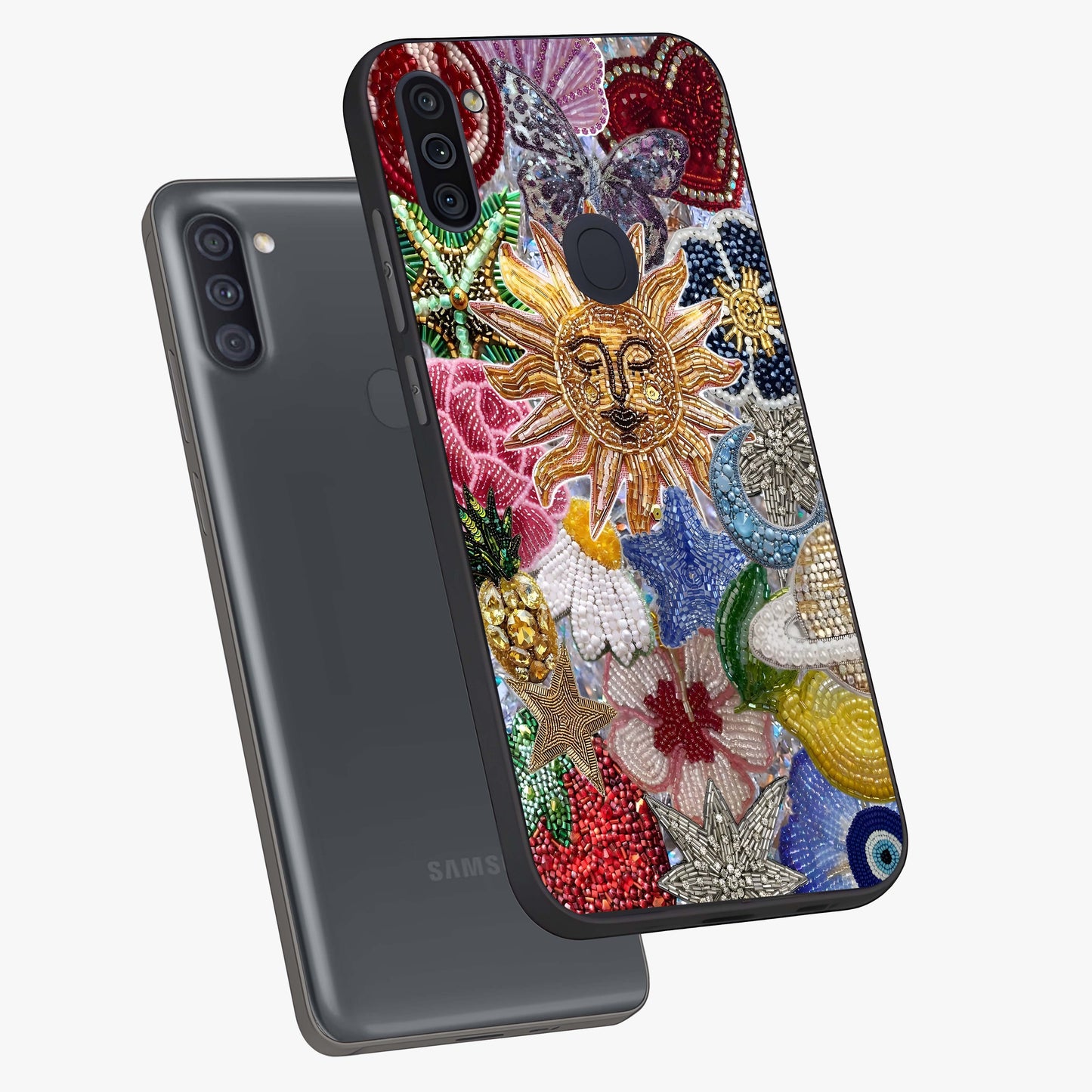 Celestial Floral and Playful Glass Case displayed in angled mockup highlighting playful floral design with dreamy celestial elements.