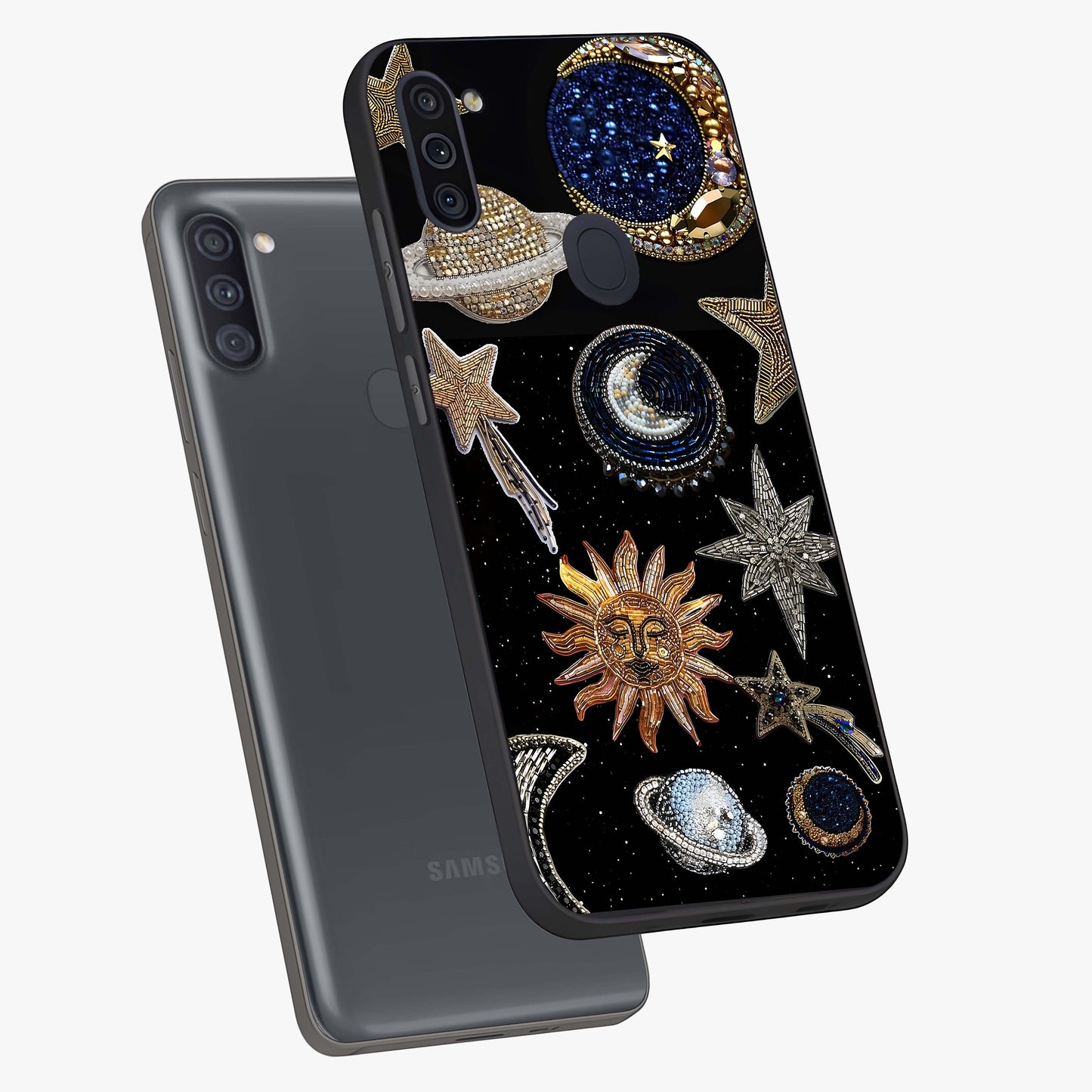 Celestial Gem Constellations Glass Case displayed in angled mockup highlighting gemstone inspired constellation design.