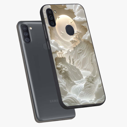 Celestial Origami Glass Case displayed in angled mockup highlighting geometric origami design with cosmic aesthetic theme.