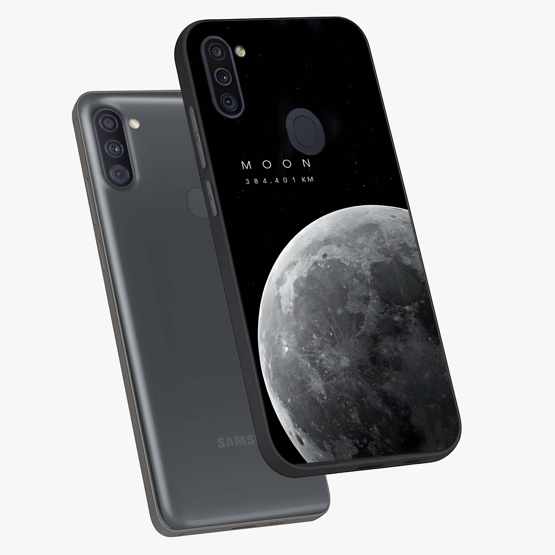 Cosmic Moon Glow Glass Case displayed in angled mockup highlighting celestial moon design with cosmic aesthetic theme.