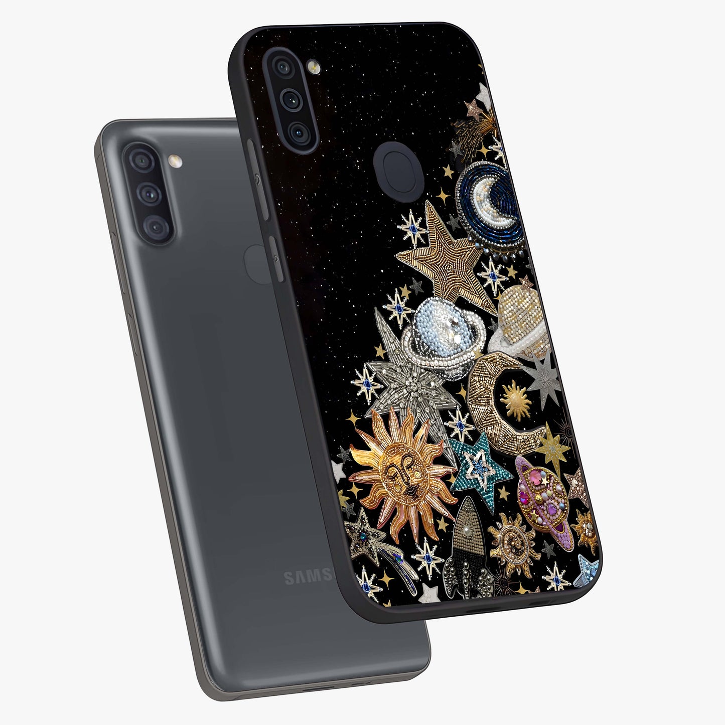 Cosmic Sparkle Dreams Glass Case displayed in angled mockup highlighting dreamy star sparkle design with celestial aesthetic.