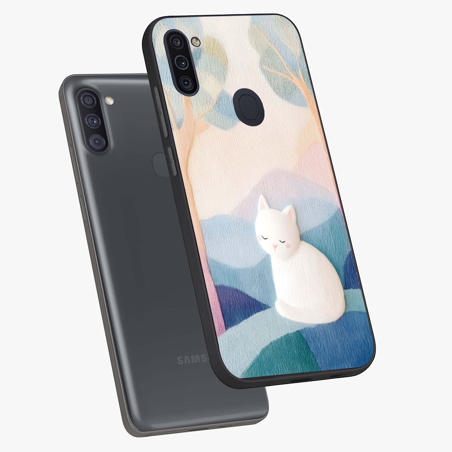 Cotton Dream Cat Glass Case displayed in angled mockup highlighting cute feline illustration with pastel aesthetic style.