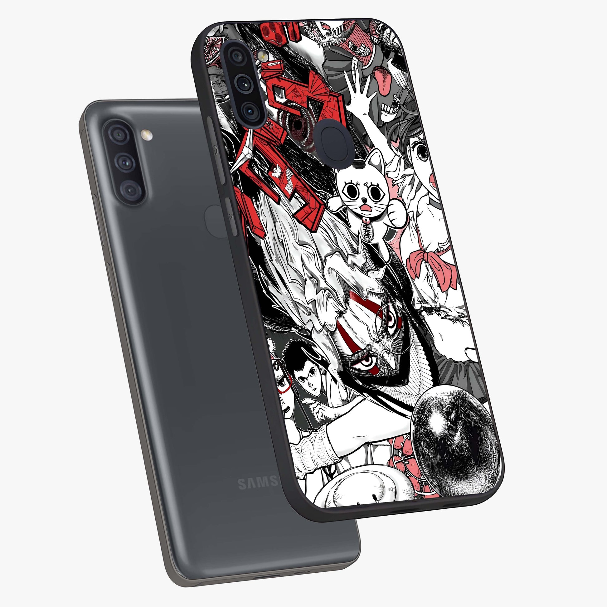Crimson Chaos Panel Glass Case displayed in angled mockup highlighting chaotic panel style design with modern graphic theme.