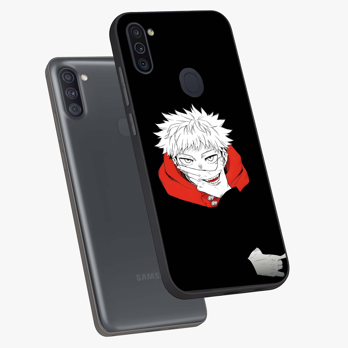 Crimson Chaos Smile Glass Case displayed in angled mockup highlighting edgy crimson smile design with graphic aesthetic.