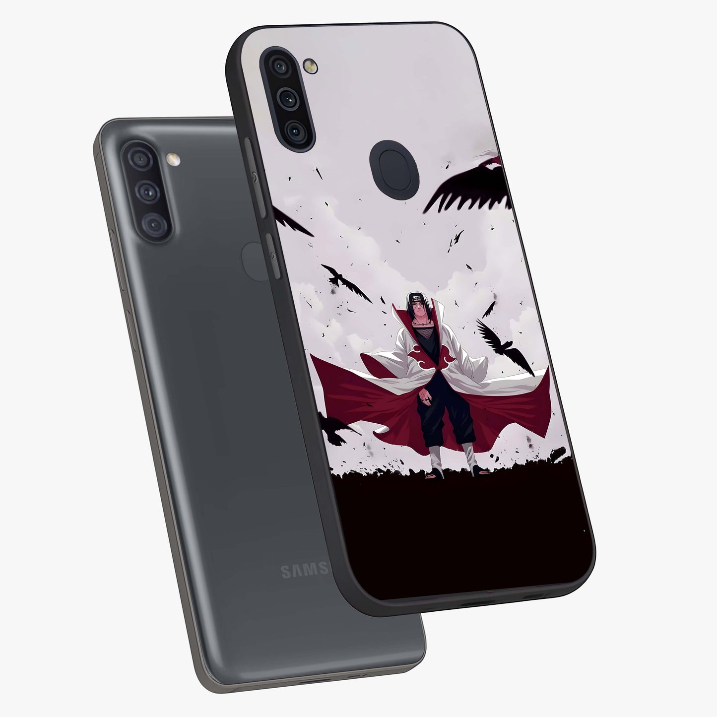 Crimson Crow Ascension Glass Case displayed in angled mockup highlighting powerful crow illustration with dark crimson aesthetic.