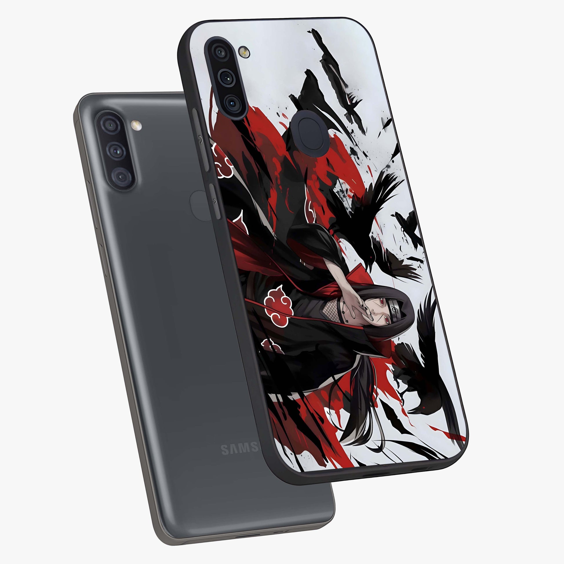 Crimson Crow Illusion Glass Case displayed in angled mockup highlighting mysterious crow graphic with dark aesthetic style.