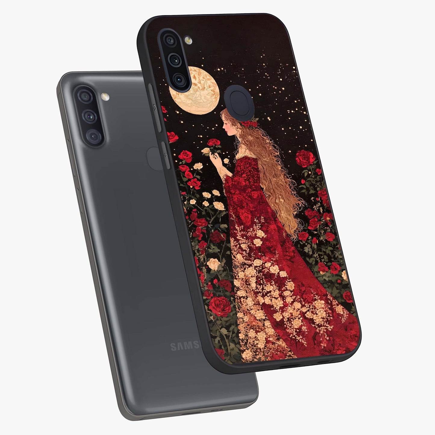 Crimson Dreams Glass Case displayed in angled mockup highlighting soft crimson aesthetic design with artistic theme.
