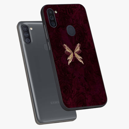 Crimson Fade Butterfly Glass Case displayed in angled mockup highlighting elegant butterfly design with crimson gradient aesthetic.