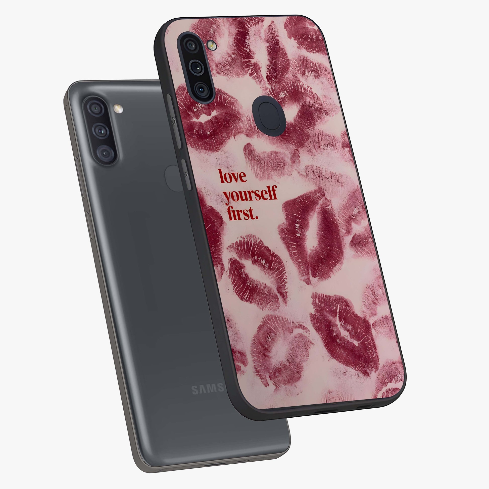 Crimson Kiss Love Glass Case displayed in angled mockup highlighting bold love inspired design with modern aesthetic style.