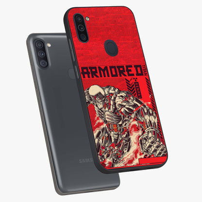 Crimson Mecha Titan Glass Case displayed in angled mockup highlighting futuristic mech illustration with bold crimson aesthetic.