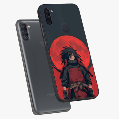Crimson Moon Warlord Glass Case displayed in angled mockup highlighting dramatic crimson moon design with fantasy aesthetic.