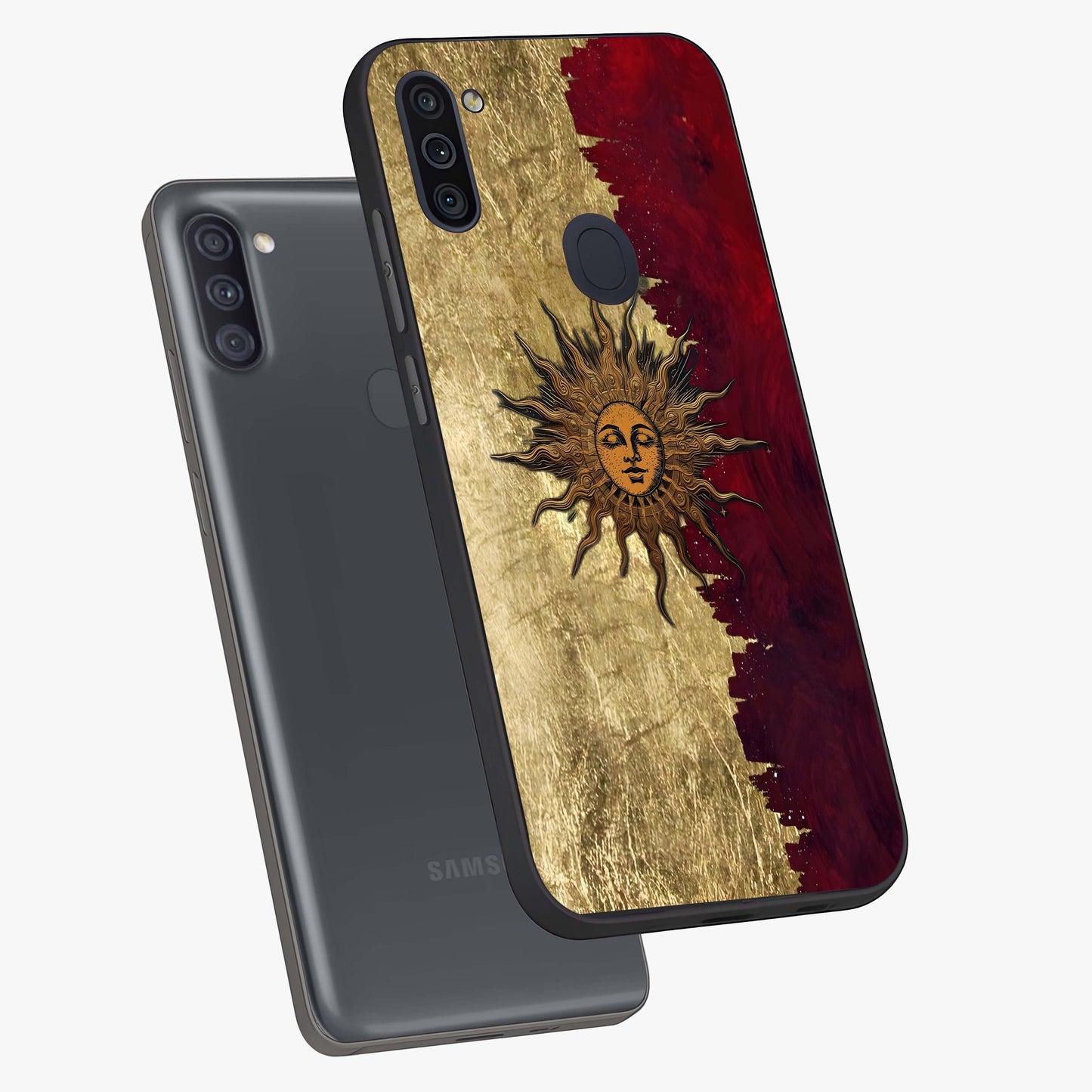 Crimson Sun Majesty Glass Case displayed in angled mockup highlighting majestic crimson sun design with bold aesthetic style.