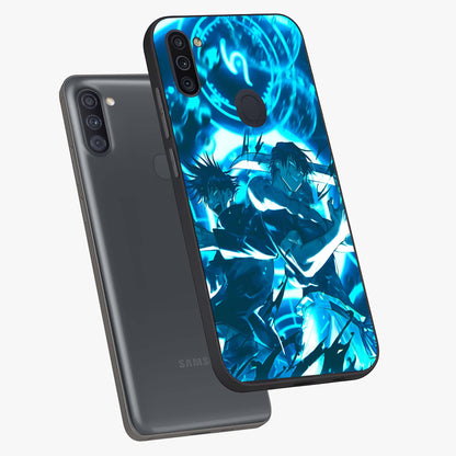 Cursed Energy Clash Glass Case displayed in angled mockup highlighting powerful battle inspired graphic with anime style aesthetic.
