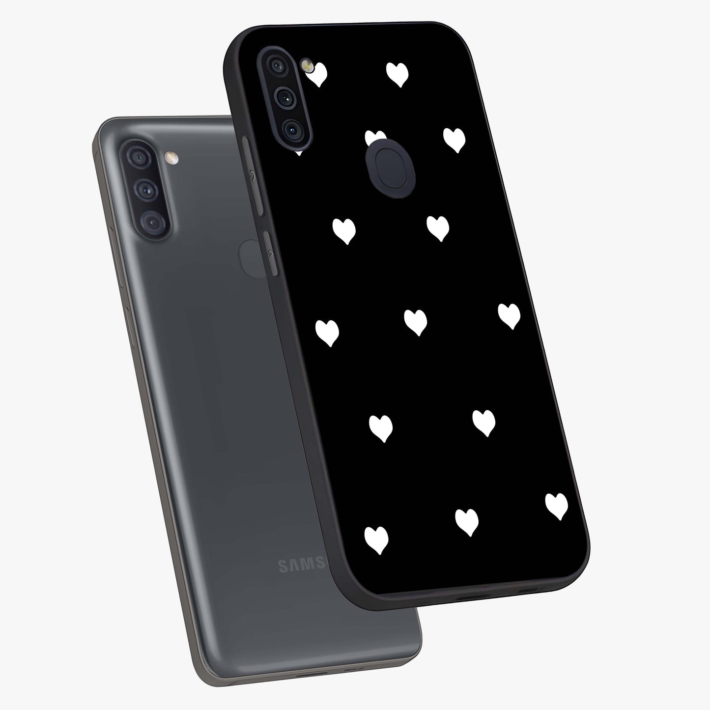 Cute And Simple White Hearts Glass Case displayed in angled mockup highlighting cute heart design with clean aesthetic style.