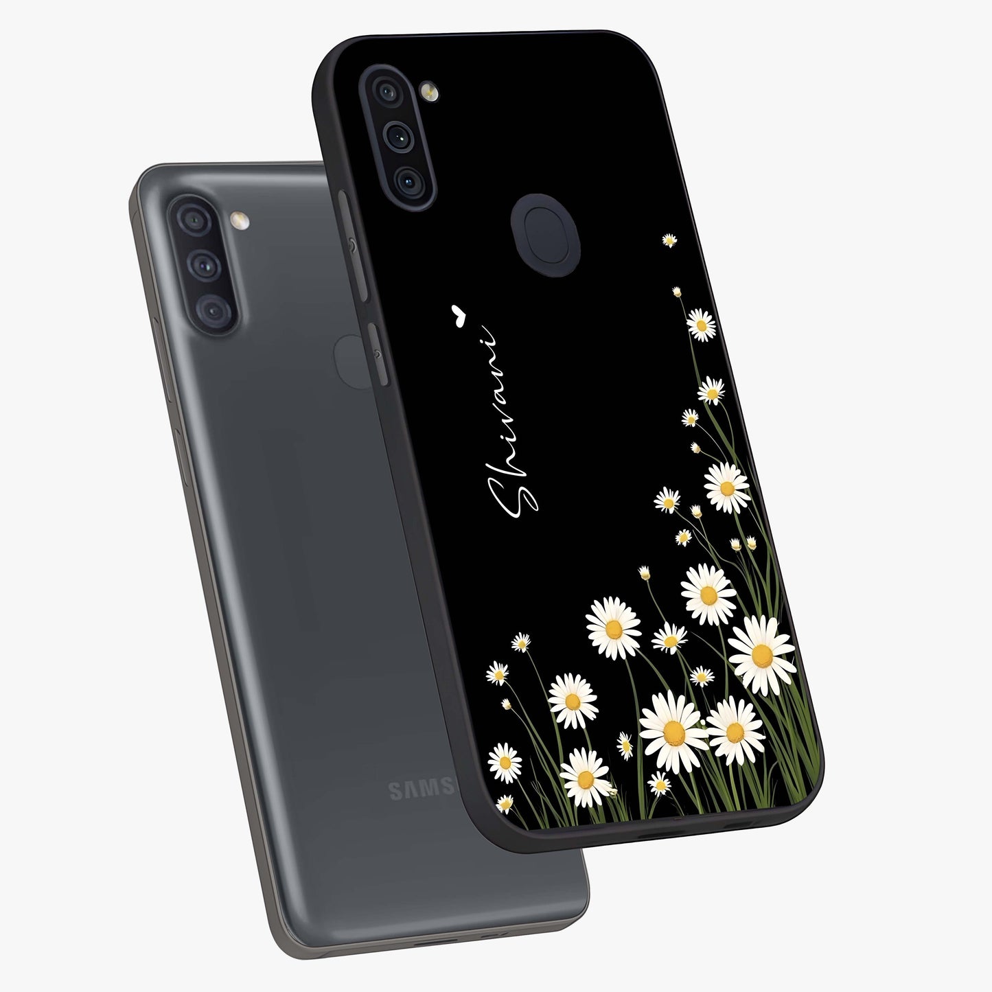 Daisy Cascade Custom Name Glass Case displayed in angled mockup highlighting delicate daisy artwork with custom name feature.