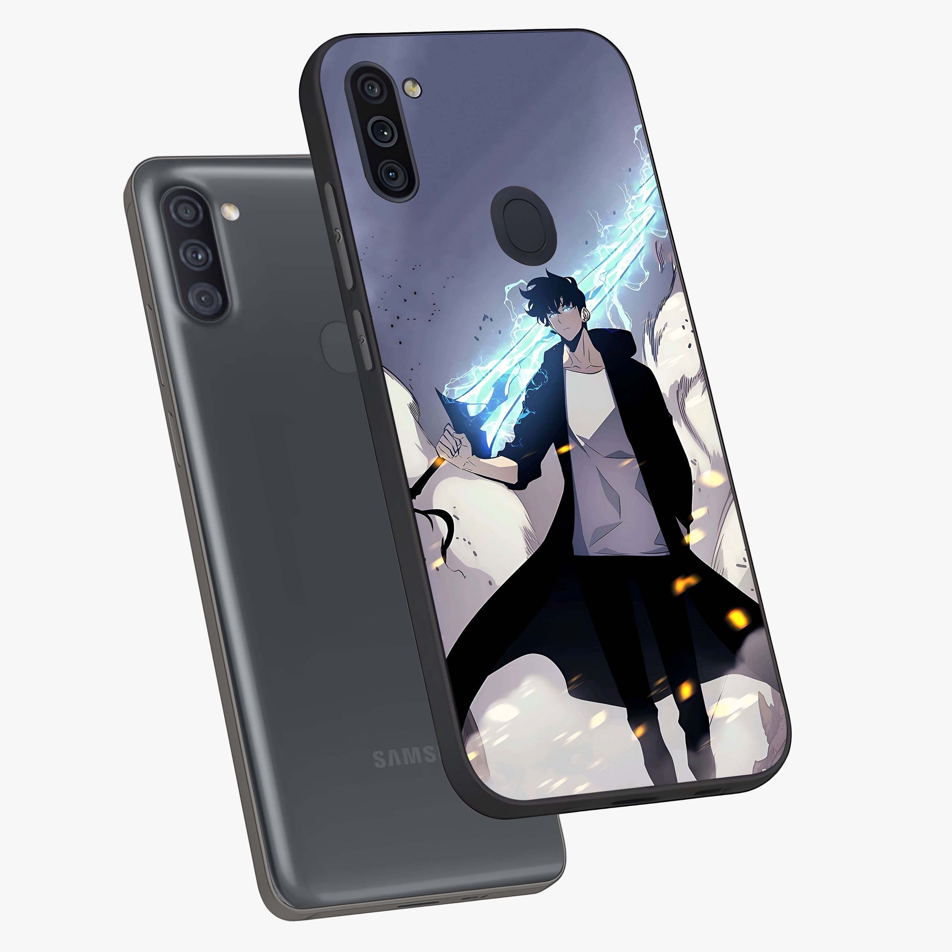 Dark Lightning Anime Warrior Glass Case displayed in angled mockup highlighting powerful lightning themed anime illustration.