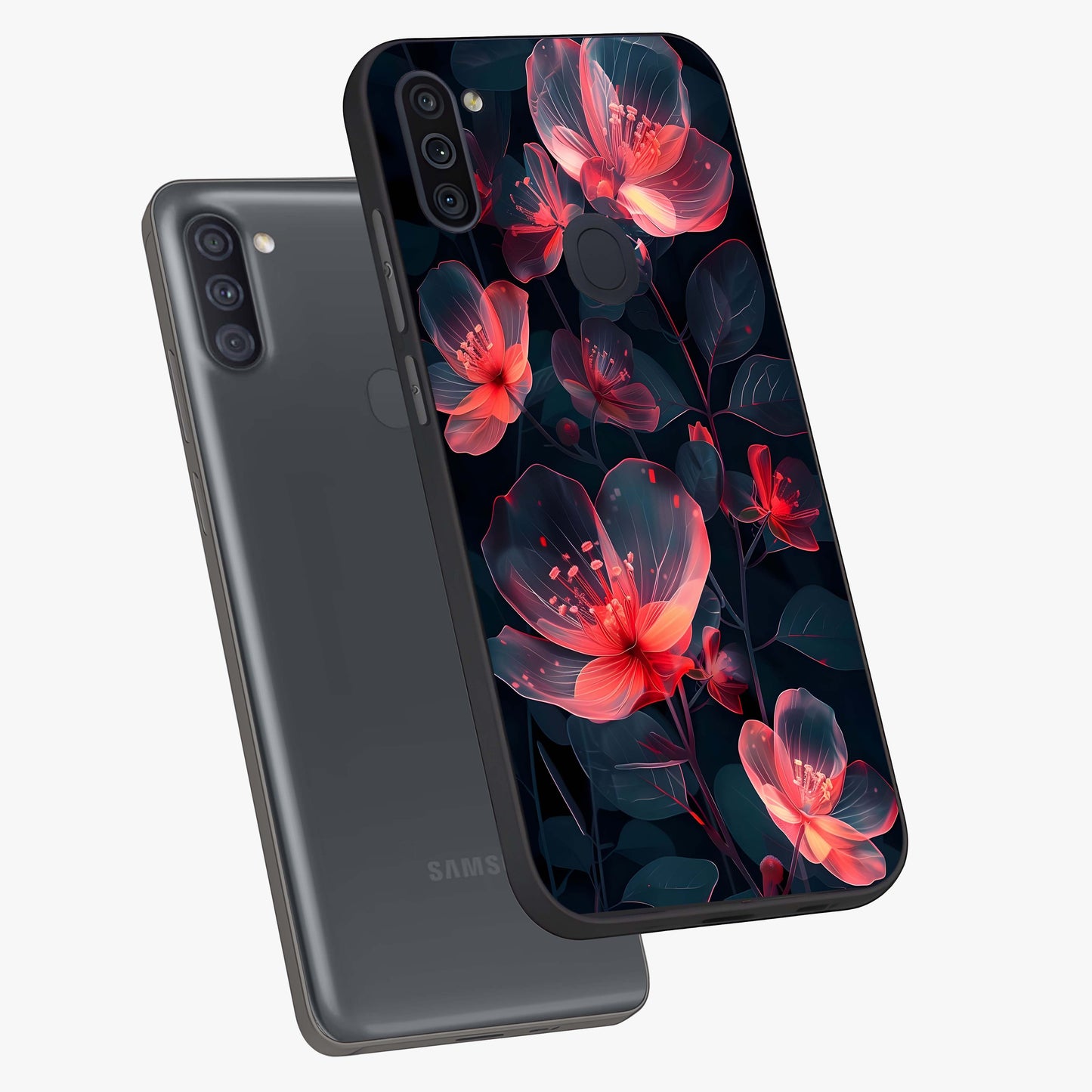 Dark Shade of Flower Glass Case displayed in angled mockup highlighting moody floral illustration with aesthetic dark tones.