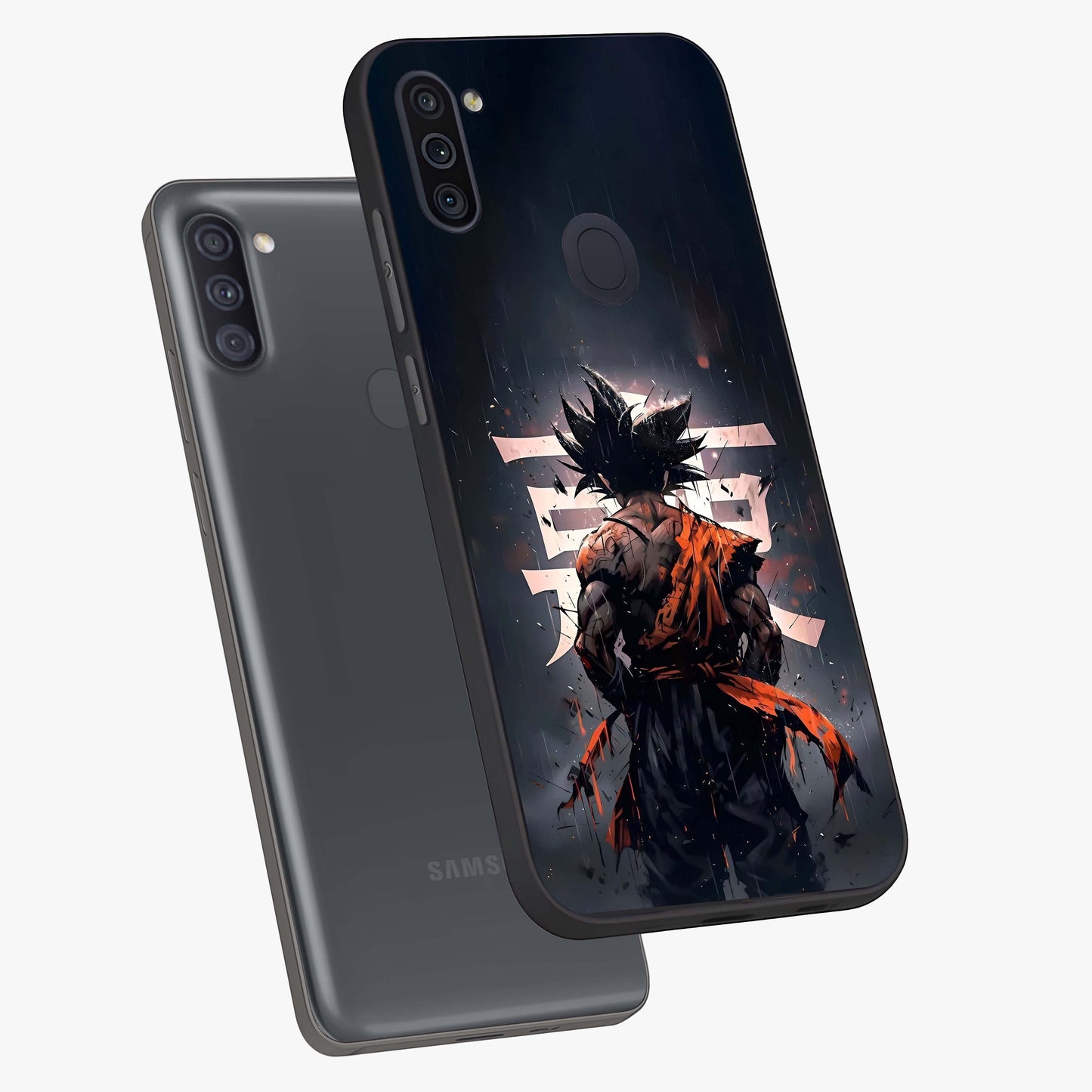 Dark Warrior In Rain Glass Case displayed in angled mockup highlighting dramatic warrior illustration with dark rain aesthetic.