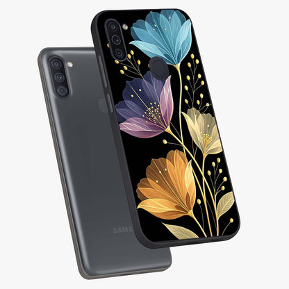 Delicate Multicolor Flowers Glass Case displayed in angled mockup highlighting colorful flower pattern with soft aesthetic style.