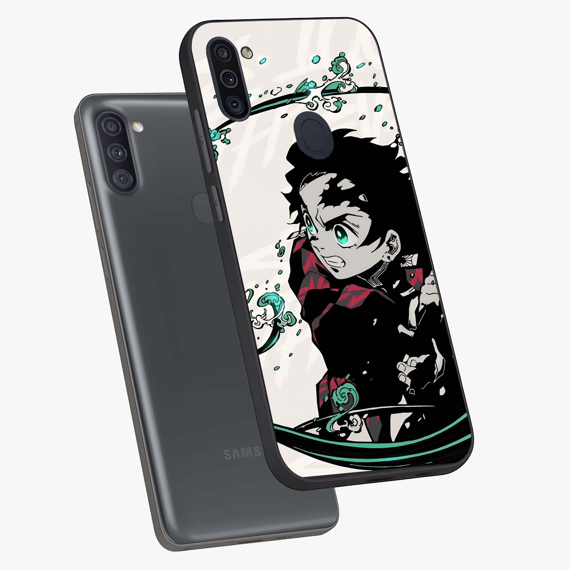 Demon Slayer Glass Case displayed in angled mockup highlighting dramatic anime character design with action aesthetic.