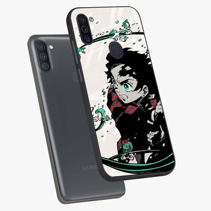 Demon Slayer Glass Case displayed in angled mockup highlighting dramatic anime character design with action aesthetic.