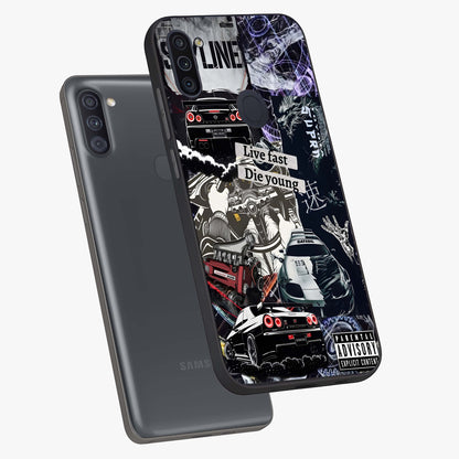 Die Young Glass Case displayed in angled mockup highlighting expressive graphic artwork with edgy aesthetic style.