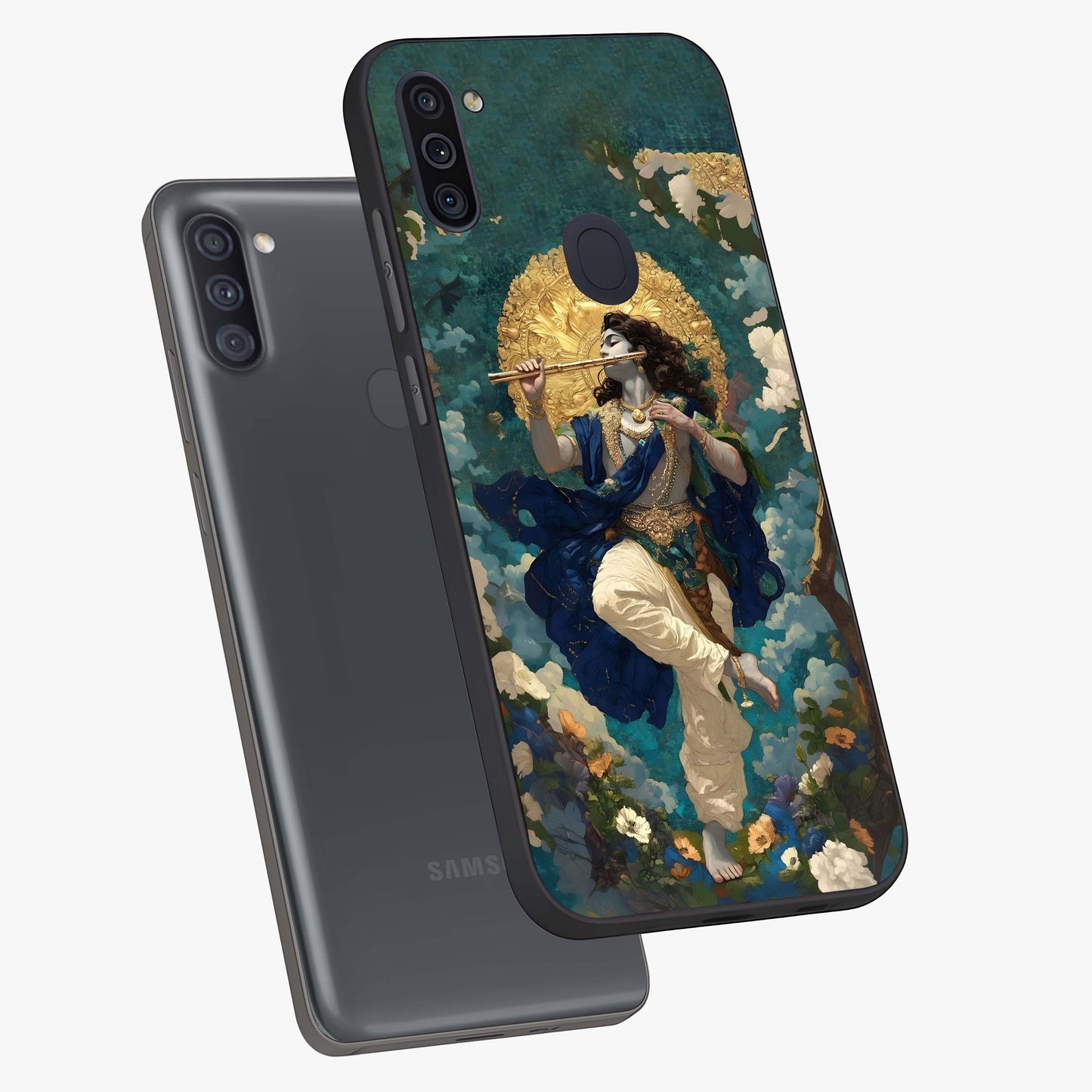 Divine Krishna Art Glass Case displayed in angled mockup highlighting spiritual Krishna illustration with devotional aesthetic.