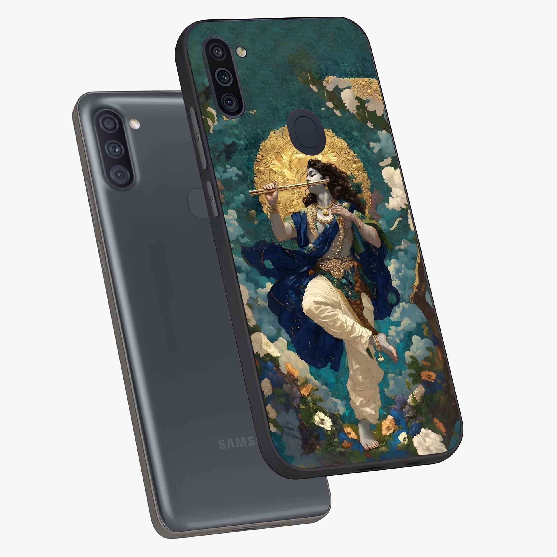 Divine Krishna Art Glass Case displayed in angled mockup highlighting spiritual Krishna illustration with devotional aesthetic.