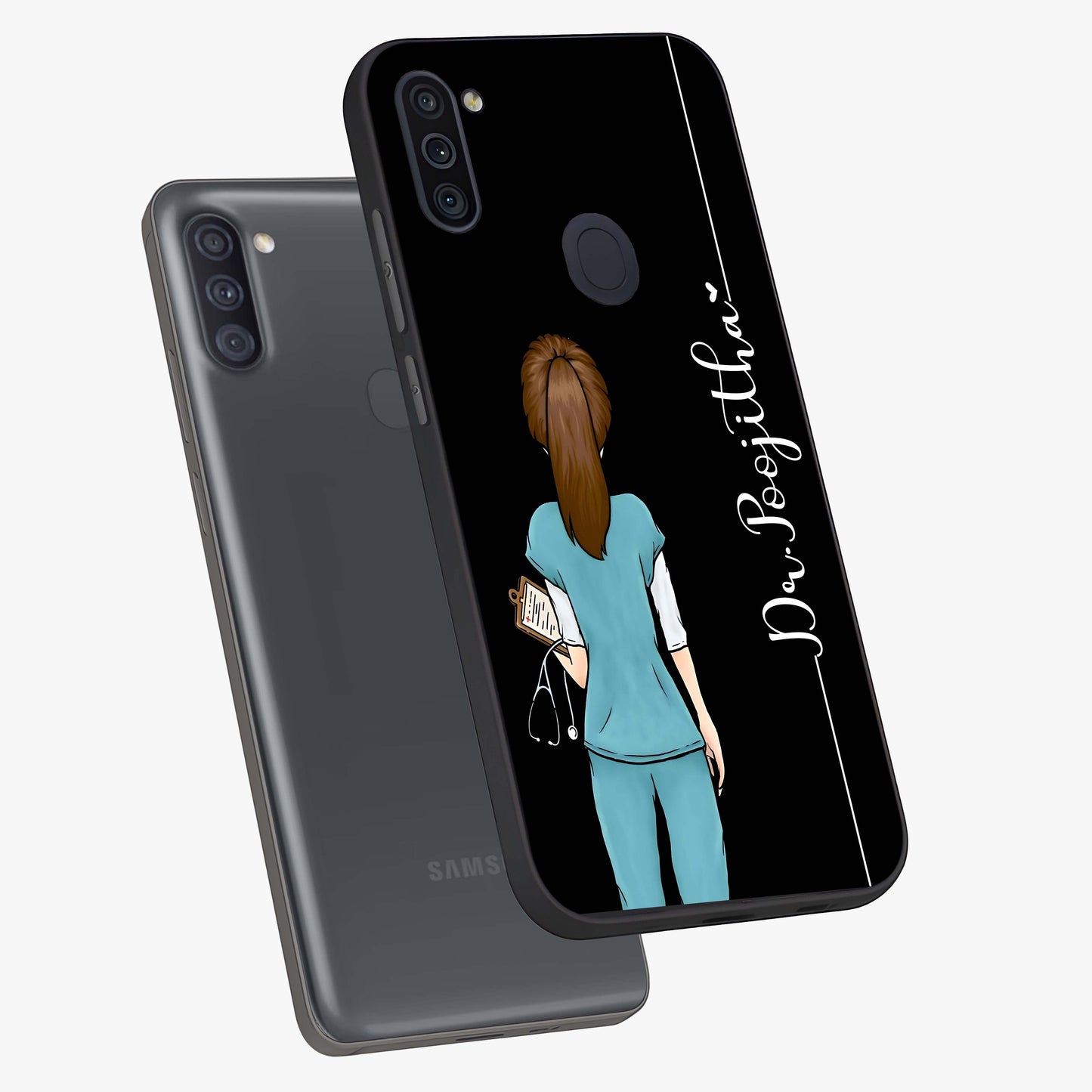 Doctor Pattern Custom Name Glass Case displayed in angled mockup highlighting doctor inspired artwork with custom name feature.