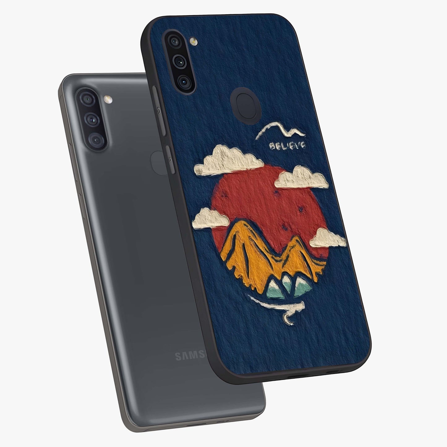 Dream Beyond Mountains Glass Case displayed in angled mockup highlighting dreamy mountain illustration with peaceful aesthetic.