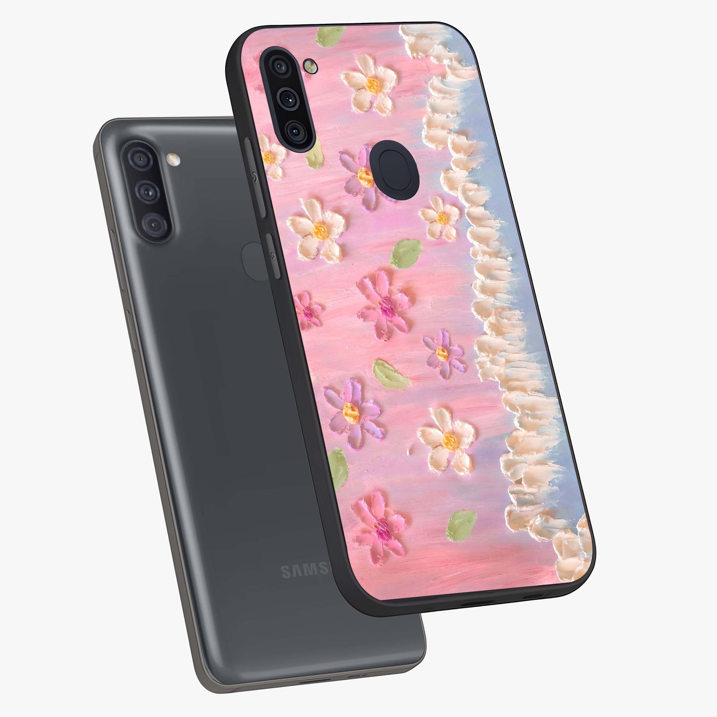 Dreamy Painted Garden Glass Case displayed in angled mockup highlighting colorful garden illustration with dreamy aesthetic style.