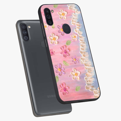 Dreamy Painted Garden Glass Case displayed in angled mockup highlighting colorful garden illustration with dreamy aesthetic style.