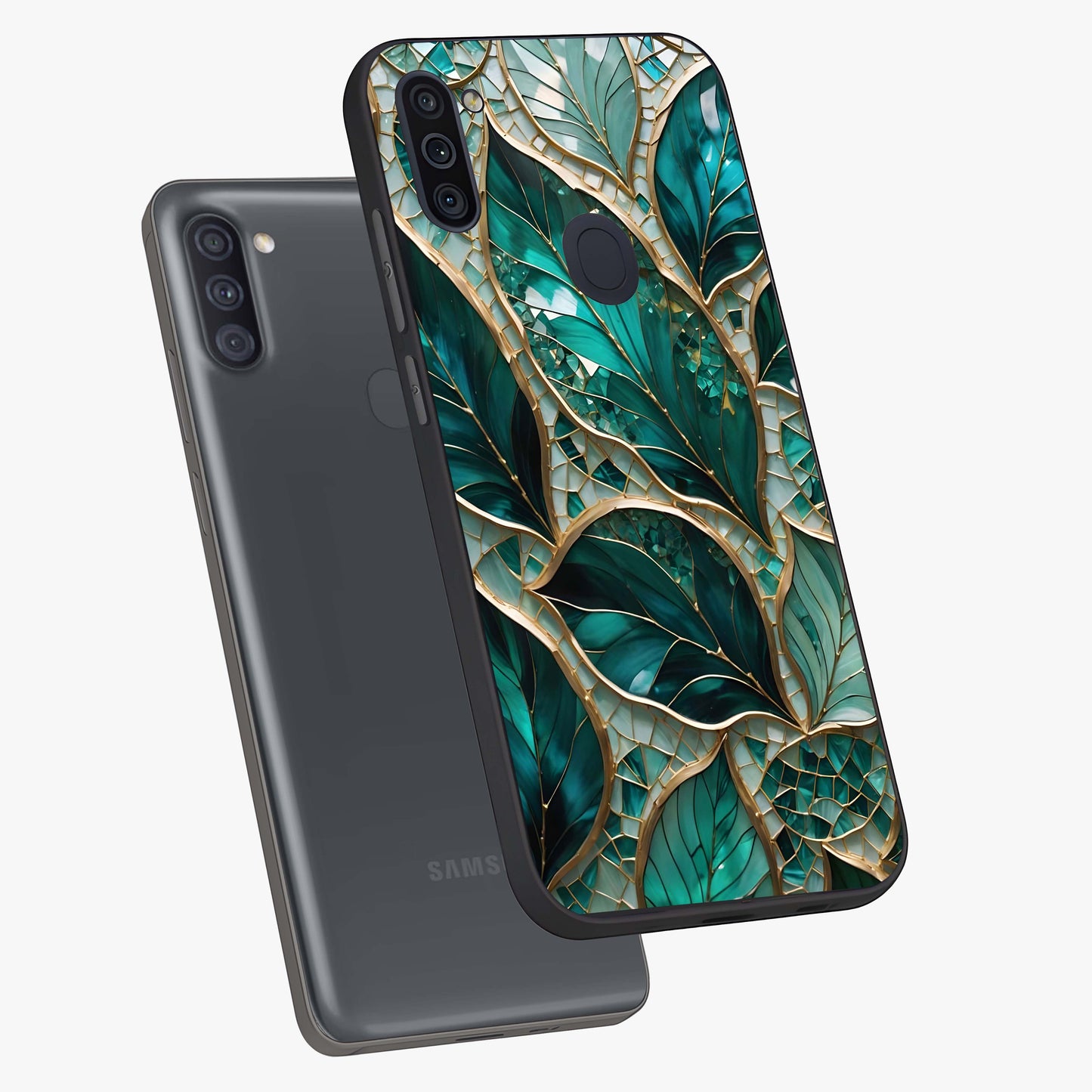 Emerald Leaf Glass Glass Case displayed in angled mockup highlighting botanical leaf illustration with elegant natural aesthetic.