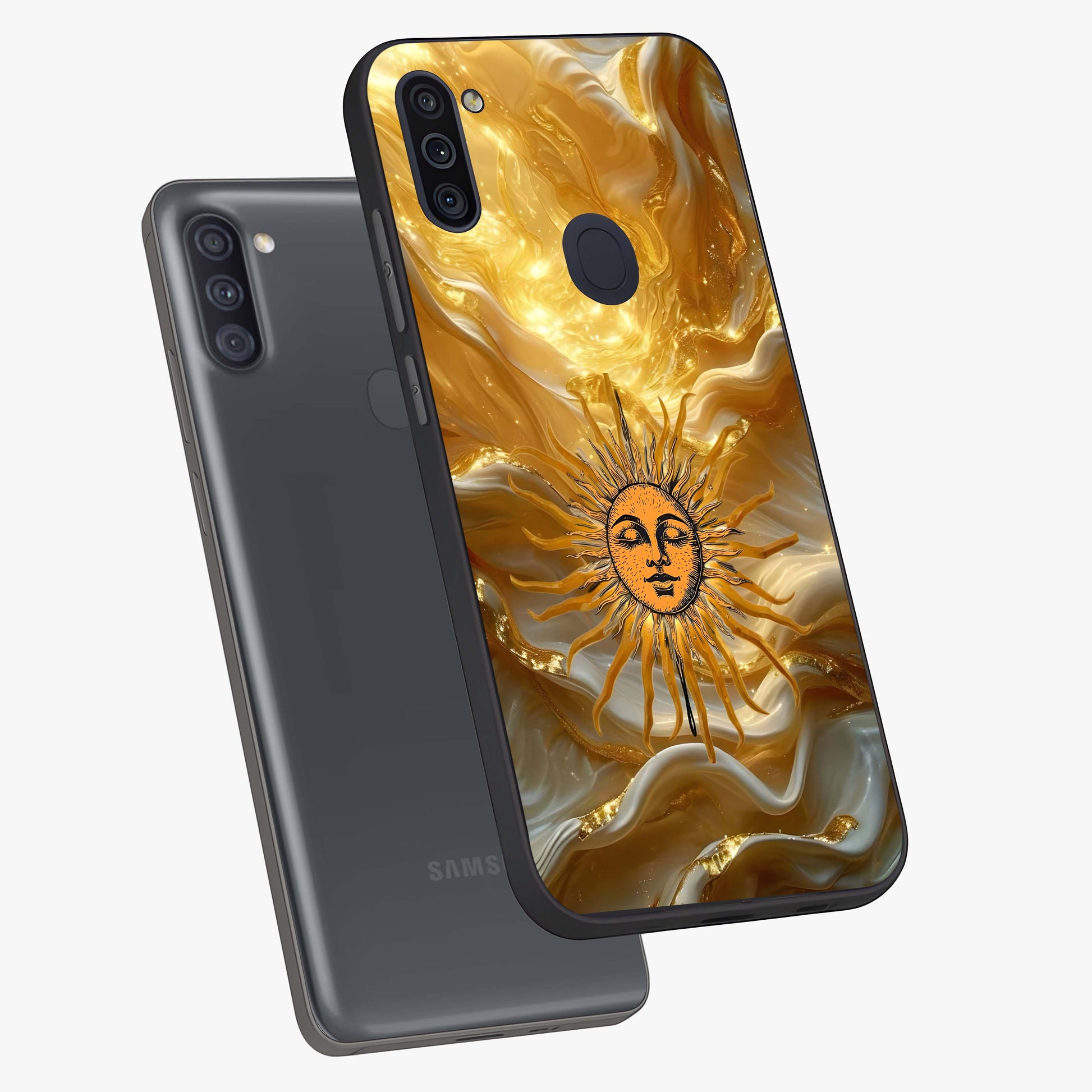Eternal Golden Glow Glass Case displayed in angled mockup highlighting glowing golden aesthetic design with elegant style.