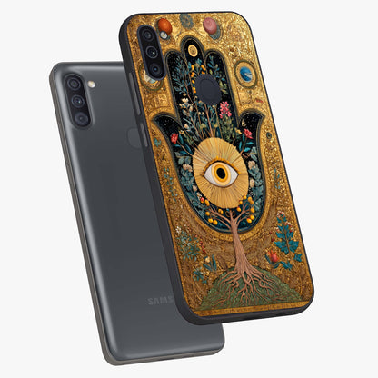 Ethereal Evil Eye Glass Case displayed in angled mockup highlighting protective evil eye symbol with spiritual aesthetic design.