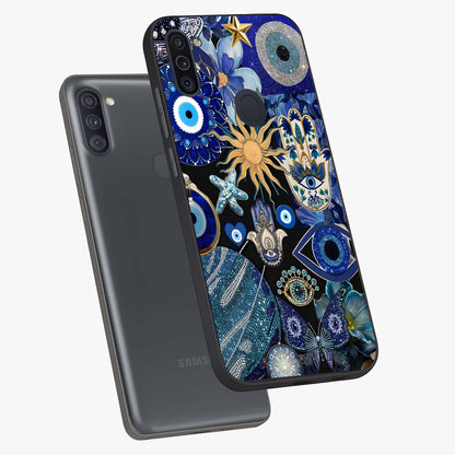 Evil Eye Charm Mix Glass Case displayed in angled mockup highlighting protective evil eye symbols with spiritual aesthetic design.