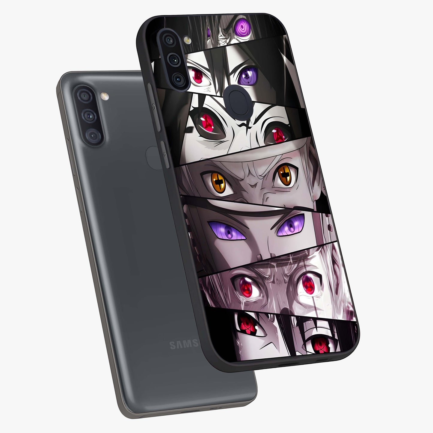 Eyes of Destiny Glass Case displayed in angled mockup highlighting bold eye illustration with mystical aesthetic style.