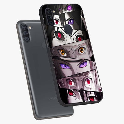 Eyes of Destiny Glass Case displayed in angled mockup highlighting bold eye illustration with mystical aesthetic style.