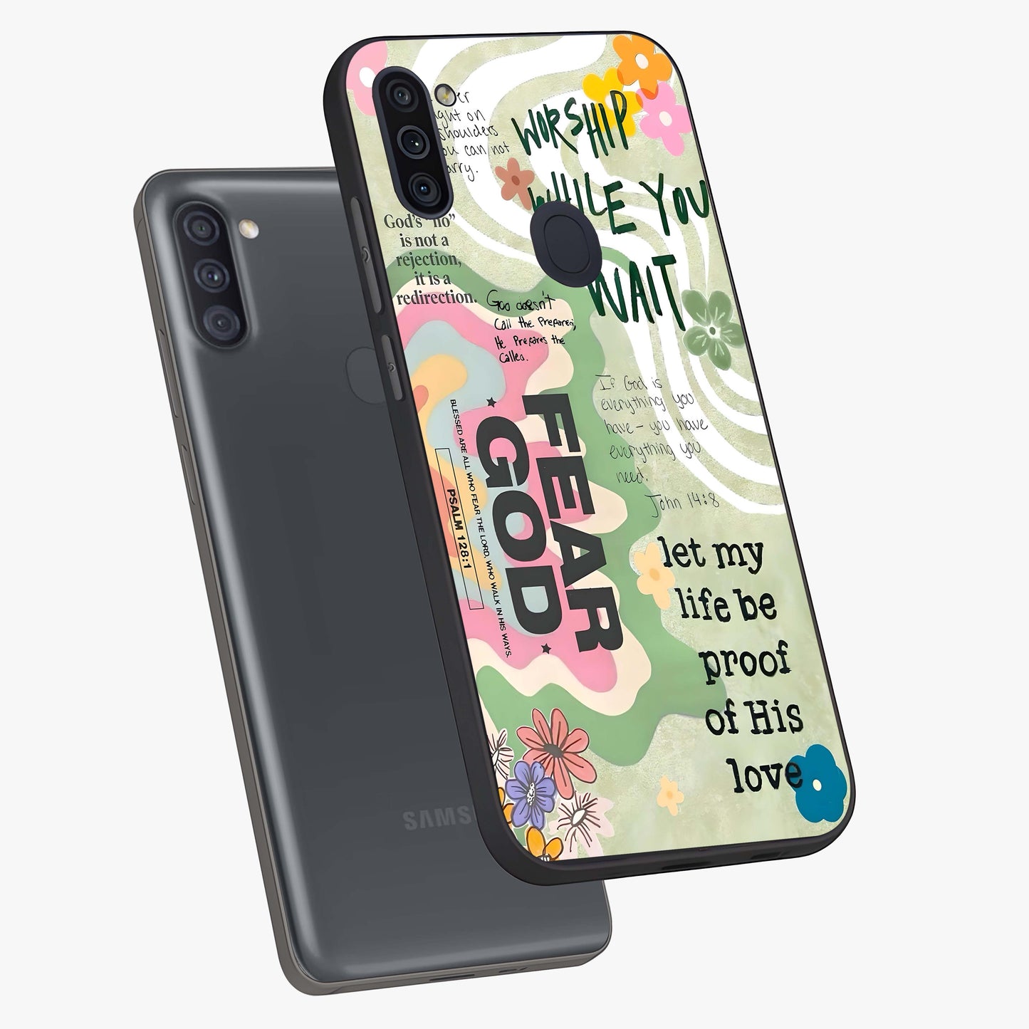 Faith Over Fear Glass Case displayed in angled mockup highlighting inspirational message design with modern aesthetic style.